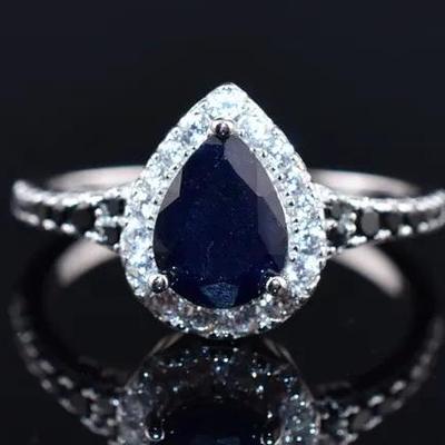 1.3 Carat Pear Blue Sapphire Sterling Silver Ring - Possibly Treated