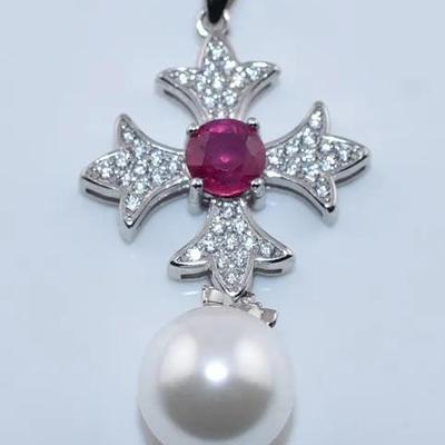 Round Ruby & 9.5mm Mother of Pearl Sterling Silver Maltese Cross Drop Pendant
