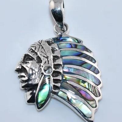 Mother of Pearl Native American Chief Sterling Silver Pendant
