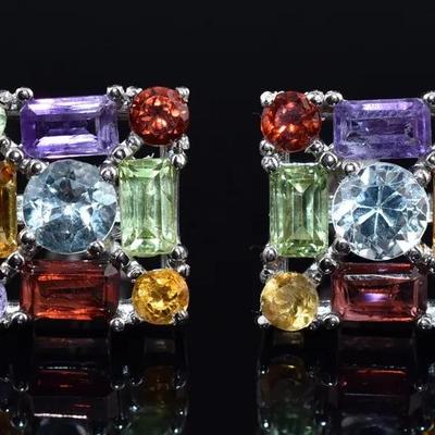 Sky Blue Topaz, Citrine, Amethyst & Peridot Natural Sterling Silver Stud Earrings - VVS to IFa