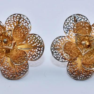 Portuguese Floral Filigree Sterling Silver Gold Vermeil Earrings 