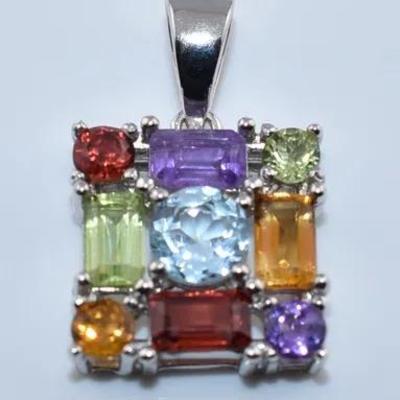 Citrine, Blue Topaz, Amethyst, Garnet & Peridot Natural Sterling Silver Pendant - VVS to IF