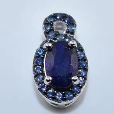 Oval Blue Sapphire Sterling Silver Pendant - Possibly Treated