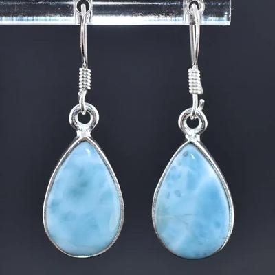 Pear Larimar Cabochon Natural Unheated Sterling Silver Dangle Earrings