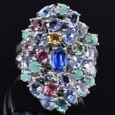 Kyanite, Emerald, Tanzanite & Tourmaline Natural Unheated Sterling Silver Cluster Ring - VVS to IF
