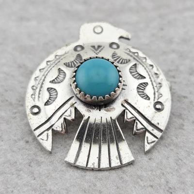 Vtg Sterling Silver Navajo Turquoise Thunderbird Brooch Pin