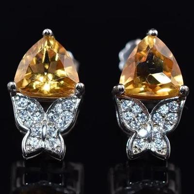 Trillion Citrine Natural Unheated Sterling Silver Butterfly Earrings - VVS to IF