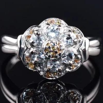 Aquamarine & Yellow Sapphire Natural Unheated Sterling Silver Cluster Ring - VVS to IF
