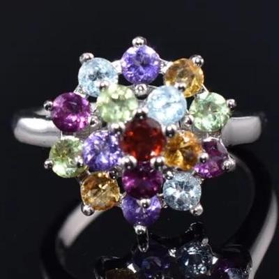 Rhodolite Garnet, Amethyst, Citrine, Peridot & Blue Topaz Natural Sterling Silver Cluster Ring  