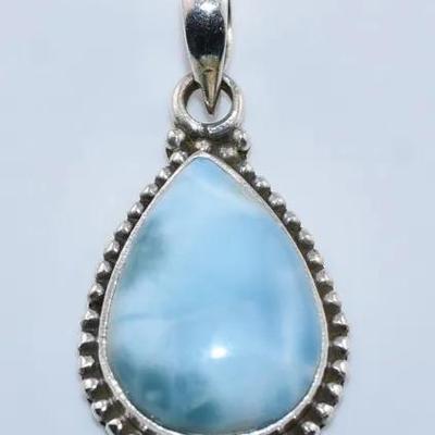 Pear Larimar Cabochon Natural Unheated Sterling Silver Pendant