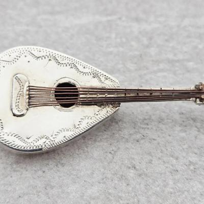 Vtg Sterling Silver Guitar Brooch Pin