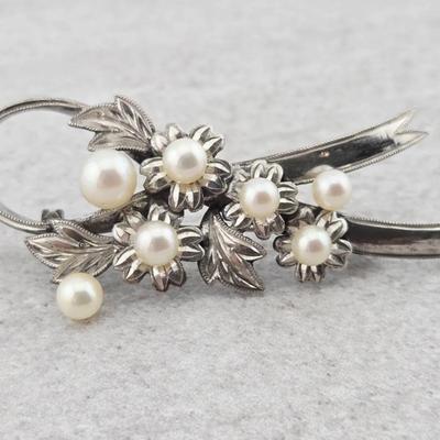 Vtg Sterling Silver Pearl Ribbon Brooch Pin