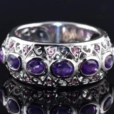 Oval Amethyst & Rhodolite Garnet Natural Unheated Sterling Silver Line Ring