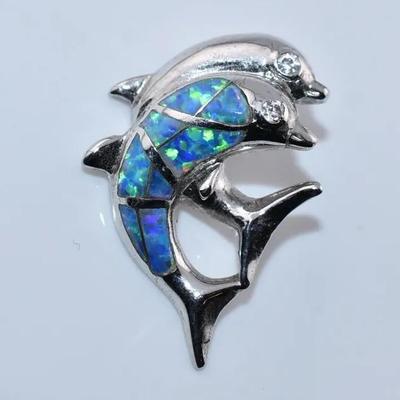 Blue Opal Sterling Silver Dolphin Brooch