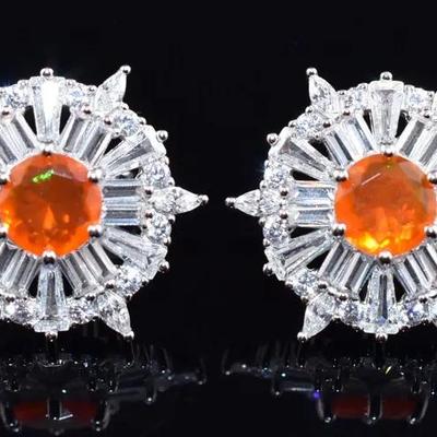 Round Orange Opal Natural Sterling Silver Burst Earrings