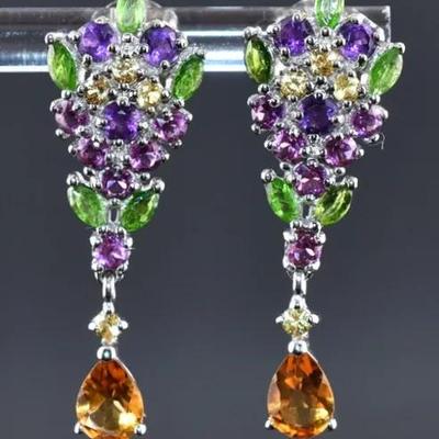 Citrine, Amethyst, Chrome Diopside, Rhodolite Garnet & Sapphire Natural Sterling Dangle Earrings