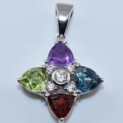 Trillion Amethyst, London Blue Topaz, Peridot & Rhodolite Garnet Natural Sterling Silver Pendant