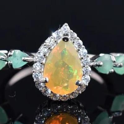 Pear Fire Opal & Emerald Natural Unheated Sterling Silver Ring
