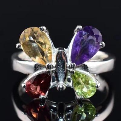 Citrine, Amethyst, Peridot & Garnet Natural Unheated Sterling Silver Butterfly Ring - VVS to IF