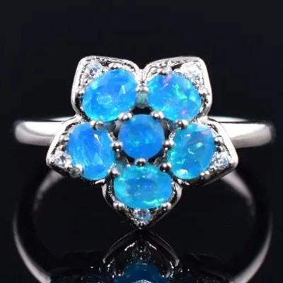 Oval Blue Opal Natural Floral Sterling Silver Ring