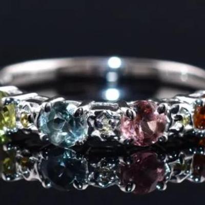 Colored Tourmaline & Sapphire Natural Unheated Sterling Silver Line Ring - VVS to IF