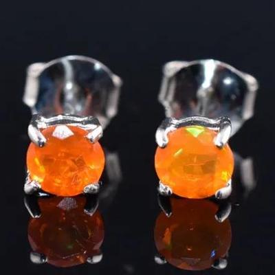 Round Orange Opal Natural Sterling Silver Stud Earrings