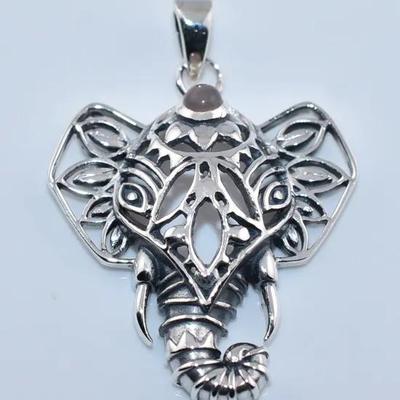 Round Rose Quartz Cabochon Natural Unheated Sterling Silver Elephant Pendant