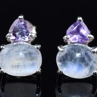 Oval Moonstone Cabochon & Trillion Amethyst Natural Unheated Sterling Silver Earrings