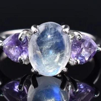 Oval Moonstone Cabochon & Amethyst Natural Unheated Sterling Silver Silver
