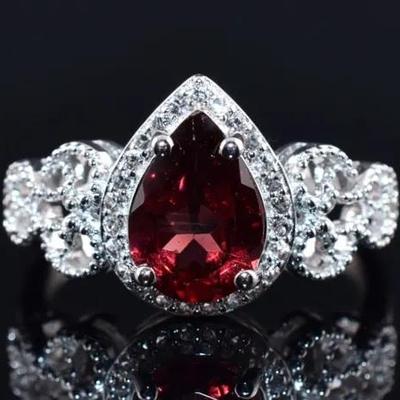 2.1 Carat Pear Garnet Natural Unheated Sterling Silver Ring - VVS to IF