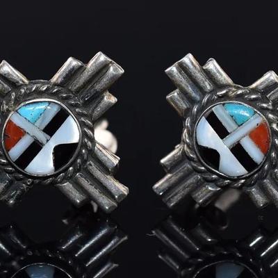 Southwestern Turquoise, Coral, Mother of Pearl & Onyx Sterling Silver Earrings