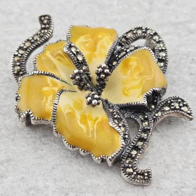 Vtg Sterling Silver Enamel Marcasite Flower Brooch