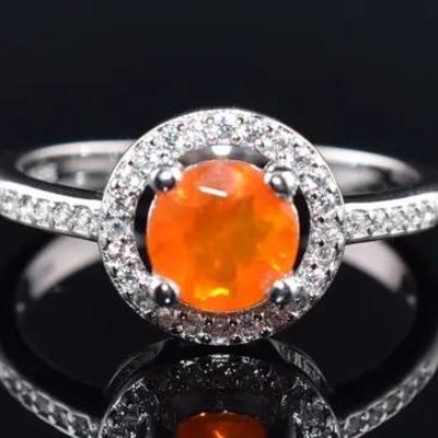 Round Orange Opal Natural Sterling Silver Ring