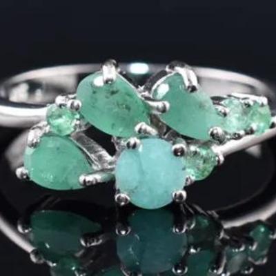 Emerald Natural Unheated Sterling Silver Cluster Ring