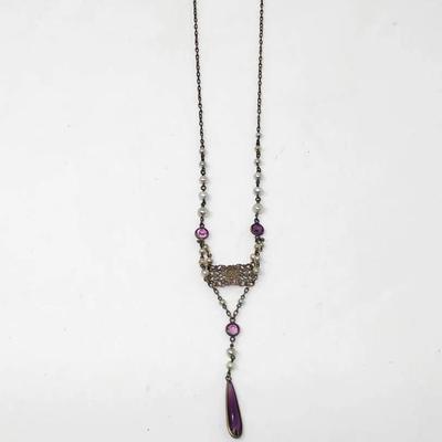 Antique Pearl & Purple Glass Necklace 