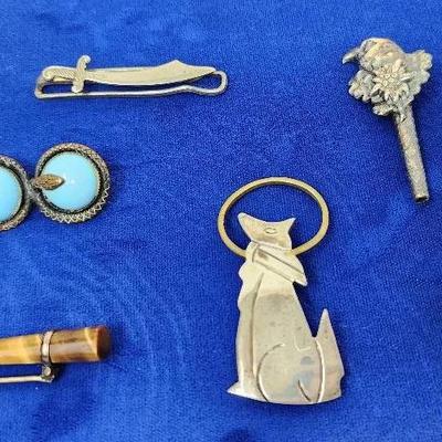 Tie Clip, Pendant, & Brooches - Sterling And Other Metals