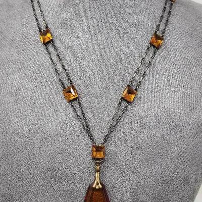 Brass And Amber Glass On Sterling Necklace