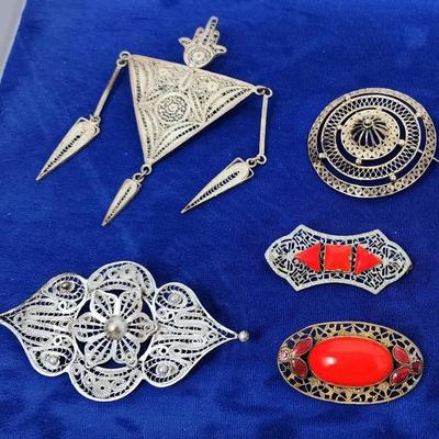 Silver Tone And Brass Filigree Brooches