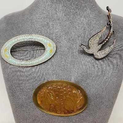 Sterling Enamel, Brass/Bakelite And Tortoise Shell Brooches