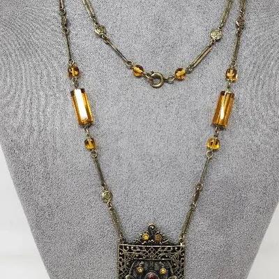 Filigree Brass And Amber Glass Necklace w/ Tassels