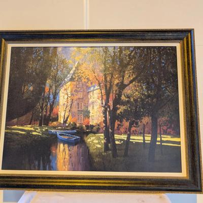 Large Framed Lake House Landscape Painting – Autumn Colors – 45" x 58"