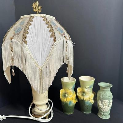 Vintage Fringe Victorian-Style Table Lamp + 3 Art Pottery Vases