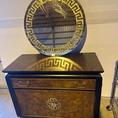 Vintage Burlwood & Black Console Cabinet w/ Expanding Top and round Greek-key mirror