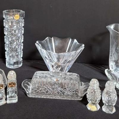 Large Vintage Clear Glassware Lot – Cut Glass, Etched Pitcher, Trinket Dishes, Butter Dish & more..