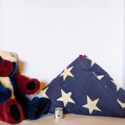 American Flag (112" x 58") + Vermont Teddy Bear + Vintage USN Ronson Lighter – Patriotic Lot