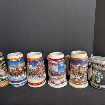 Beer Stein Collection – Budweiser Holiday Steins (1999–2002) + Vintage German Stein + GERZ Stein