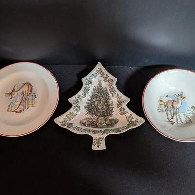 Vintage Christmas Plate & Bowl Trio – Rudolf Reindeer Plates + Tree-Shaped Holiday Dish
