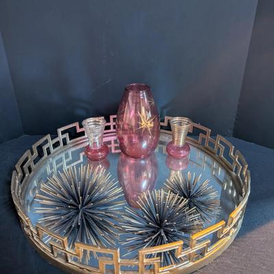 Decorative Gold Metal Tray, Glass Vases & Spiked Sculptures