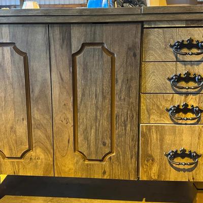 Lift-Top Sewing Cabinet with Storage Drawers & Flip-Out Work Surface