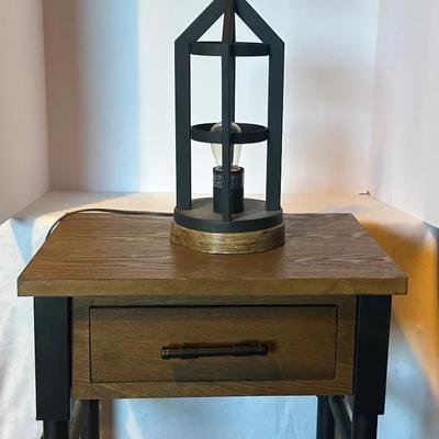 Rustic Industrial Side Table & Metal Cage Lamp